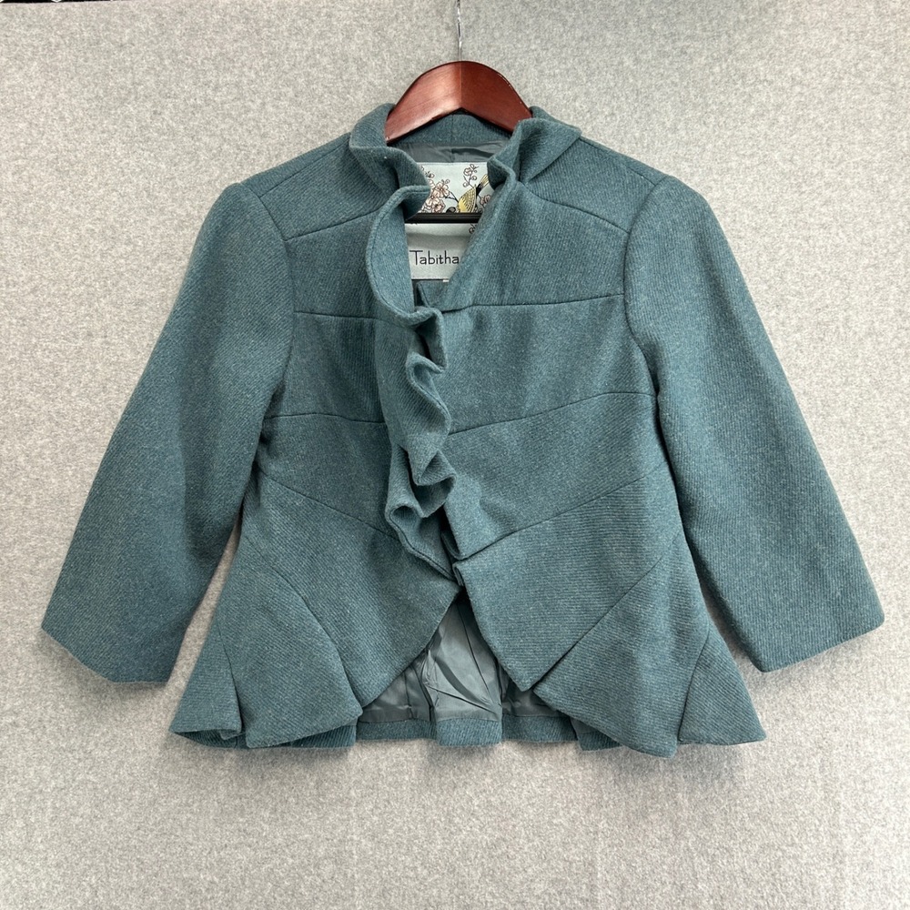 Tabitha Anthropologie Ruffle Front Peplum Blazer Teal Wool Blend Women Size 6